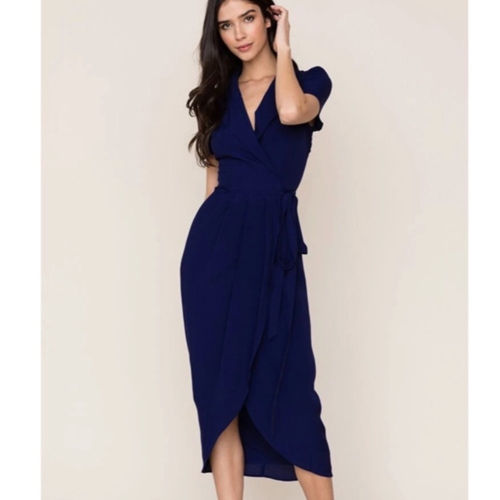 Yumi Kim Navy Wrap Midi Dress with Side Tie - Picture 2 of 10